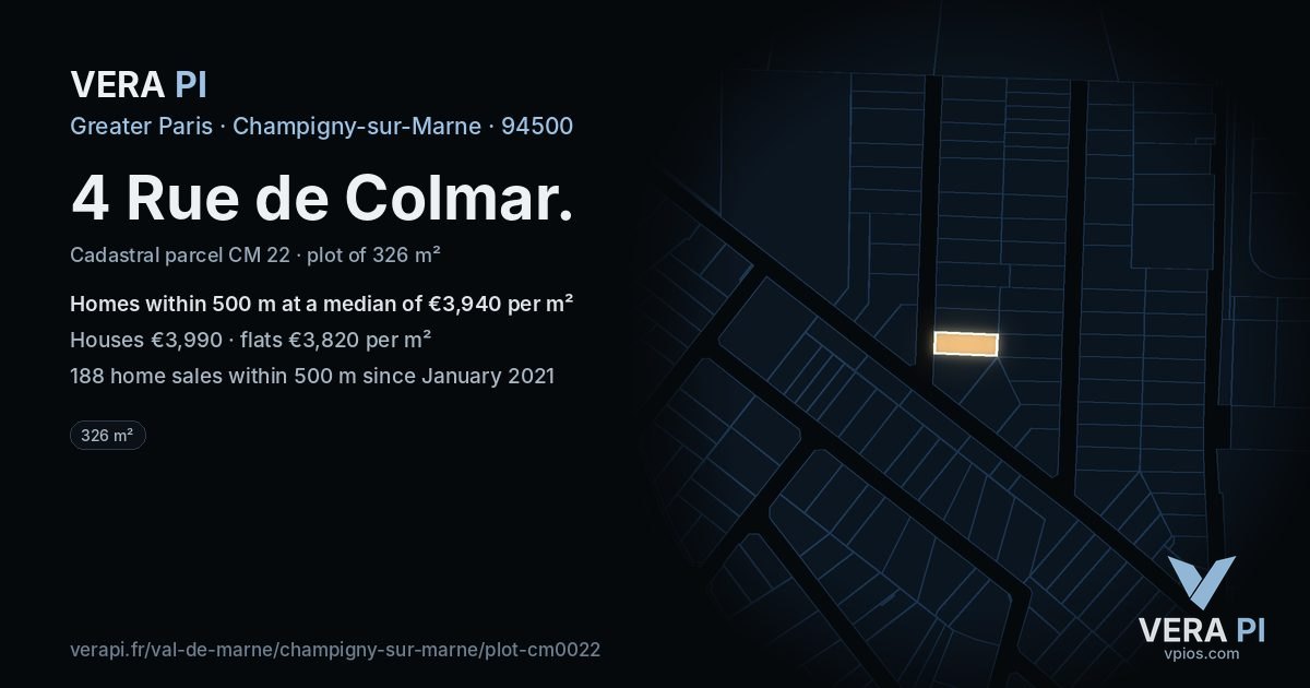 4 Rue de Colmar, Champigny-sur-Marne at night – the plot lit, the parcels around coloured by the prices near them