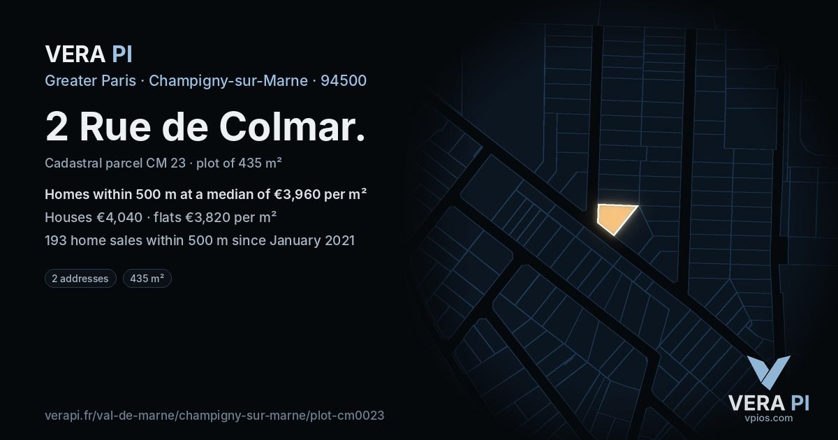 2 Rue de Colmar, Champigny-sur-Marne at night – the plot lit, the parcels around coloured by the prices near them