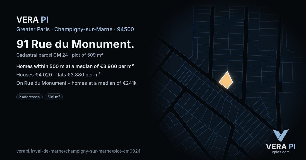 91 Rue du Monument, Champigny-sur-Marne at night – the plot lit, the parcels around coloured by the prices near them