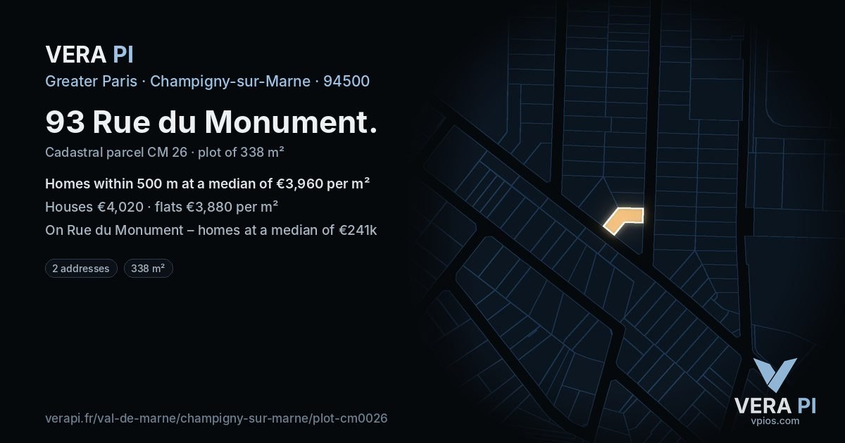 93 Rue du Monument, Champigny-sur-Marne at night – the plot lit, the parcels around coloured by the prices near them