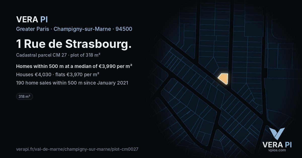 1 Rue de Strasbourg, Champigny-sur-Marne at night – the plot lit, the parcels around coloured by the prices near them