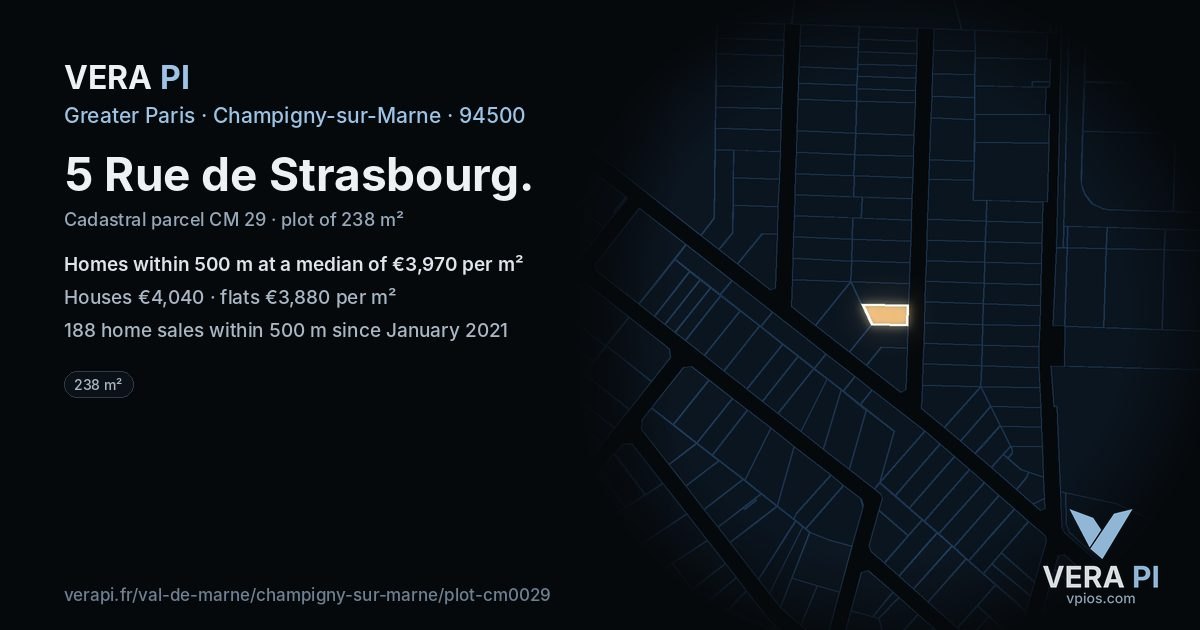 5 Rue de Strasbourg, Champigny-sur-Marne at night – the plot lit, the parcels around coloured by the prices near them