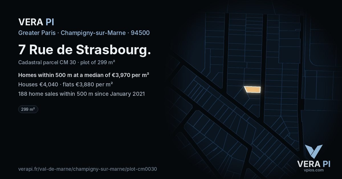 7 Rue de Strasbourg, Champigny-sur-Marne at night – the plot lit, the parcels around coloured by the prices near them