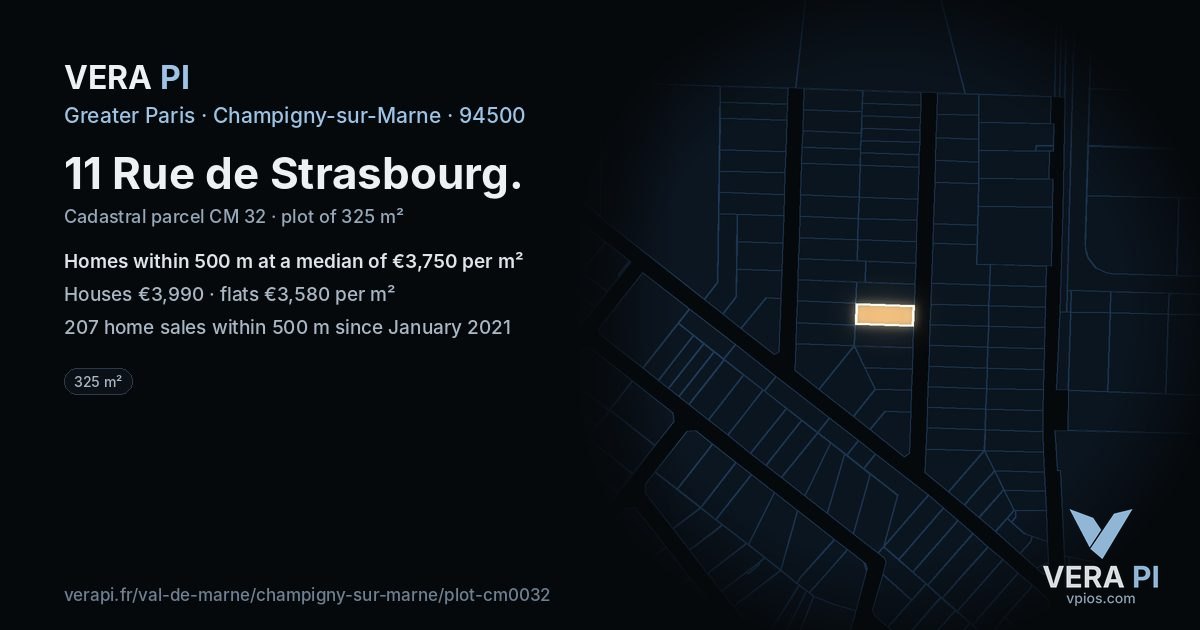 11 Rue de Strasbourg, Champigny-sur-Marne at night – the plot lit, the parcels around coloured by the prices near them
