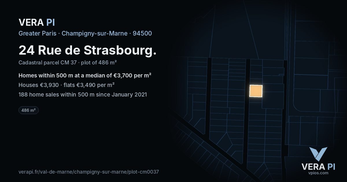 24 Rue de Strasbourg, Champigny-sur-Marne at night – the plot lit, the parcels around coloured by the prices near them