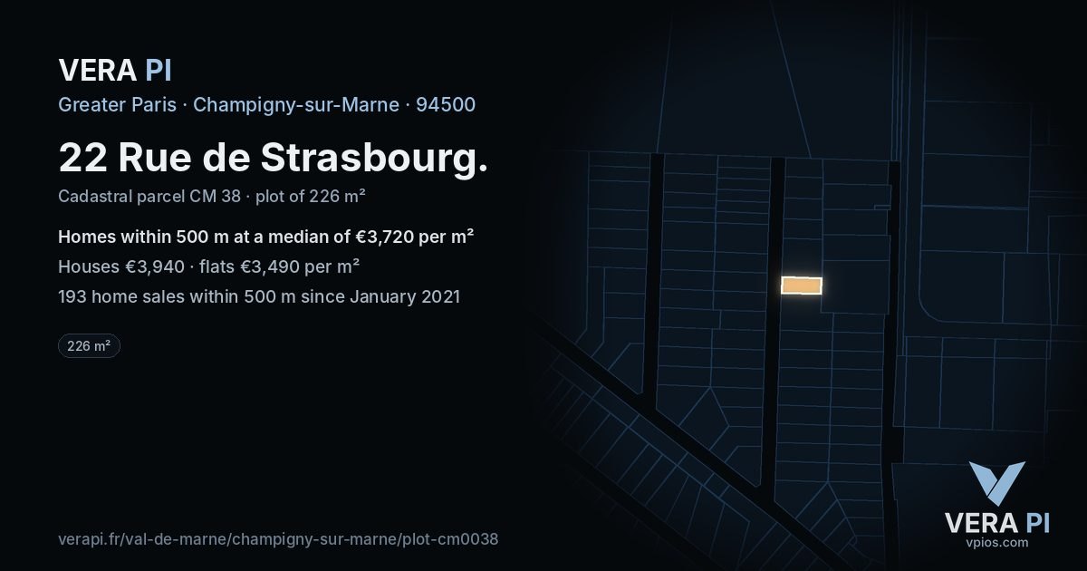 22 Rue de Strasbourg, Champigny-sur-Marne at night – the plot lit, the parcels around coloured by the prices near them