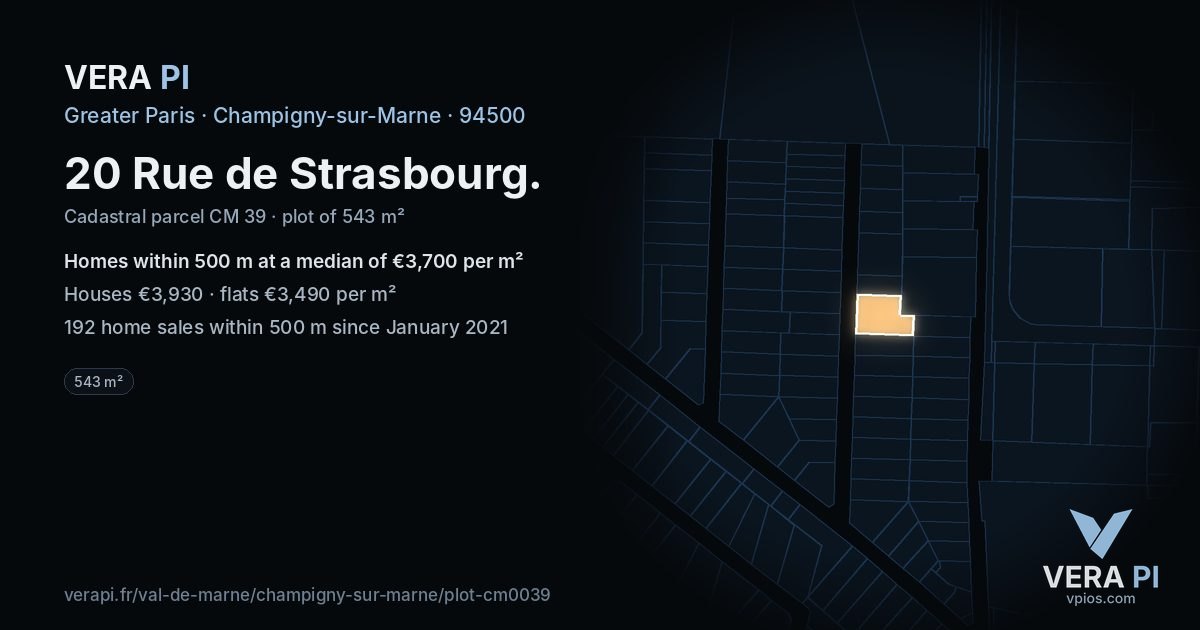 20 Rue de Strasbourg, Champigny-sur-Marne at night – the plot lit, the parcels around coloured by the prices near them