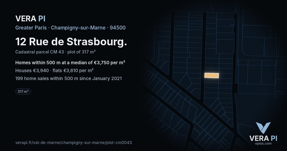 12 Rue de Strasbourg, Champigny-sur-Marne at night – the plot lit, the parcels around coloured by the prices near them