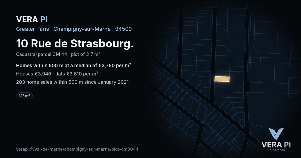 10 Rue de Strasbourg, Champigny-sur-Marne at night – the plot lit, the parcels around coloured by the prices near them