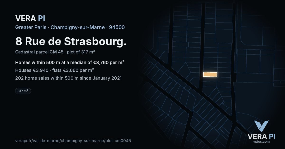 8 Rue de Strasbourg, Champigny-sur-Marne at night – the plot lit, the parcels around coloured by the prices near them