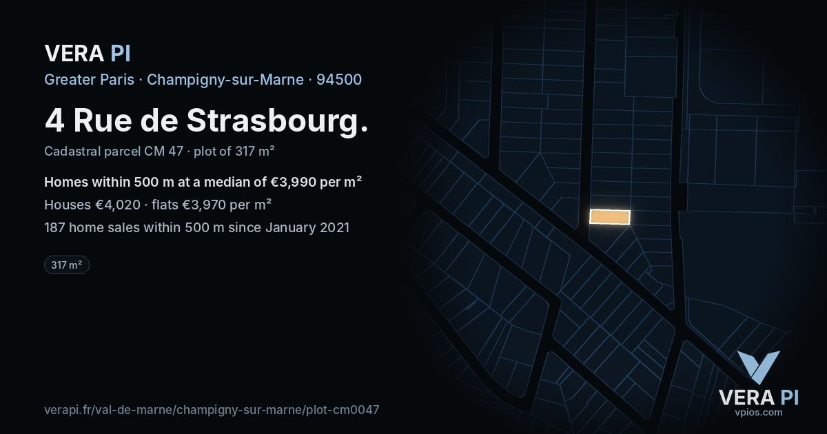 4 Rue de Strasbourg, Champigny-sur-Marne at night – the plot lit, the parcels around coloured by the prices near them