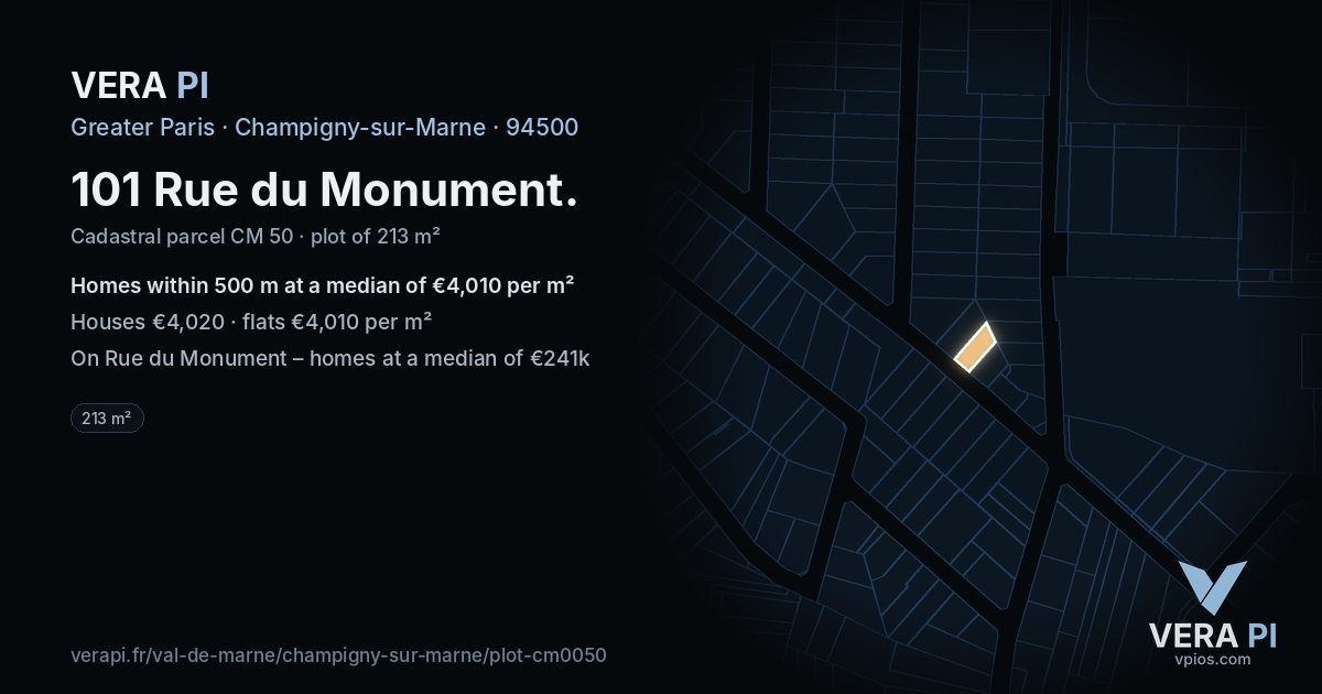 101 Rue du Monument, Champigny-sur-Marne at night – the plot lit, the parcels around coloured by the prices near them