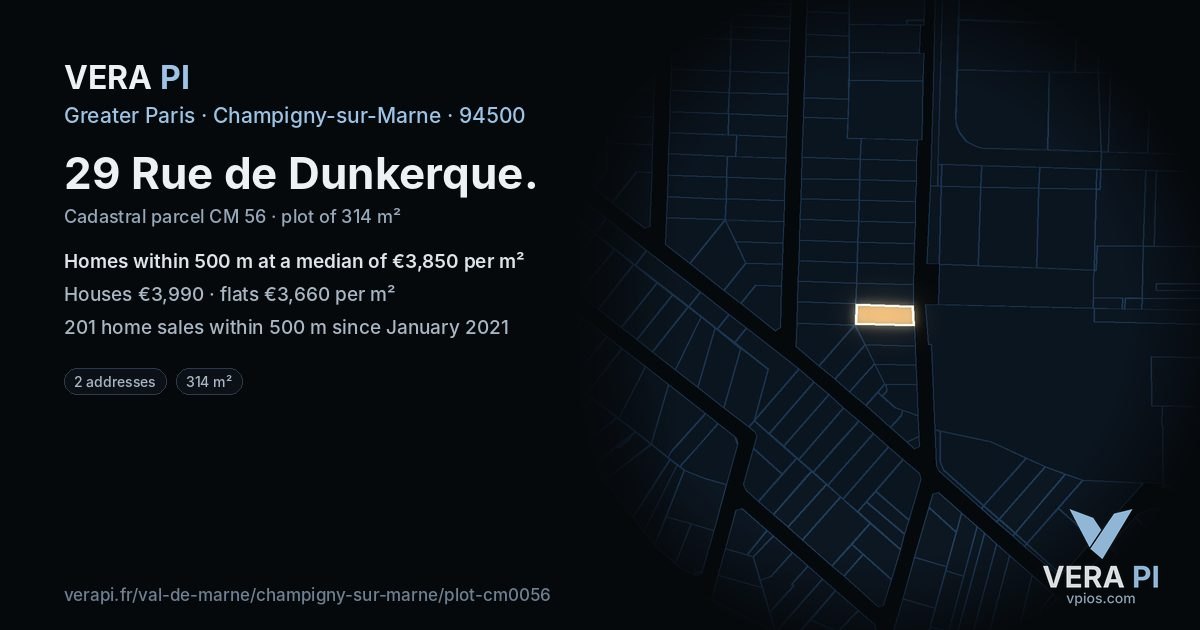 29 Rue de Dunkerque, Champigny-sur-Marne at night – the plot lit, the parcels around coloured by the prices near them