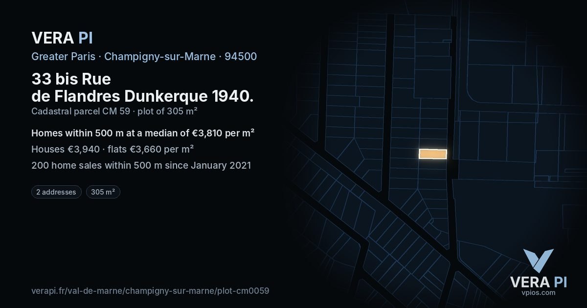 33 bis Rue de Flandres Dunkerque 1940, Champigny-sur-Marne at night – the plot lit, the parcels around coloured by the prices near them