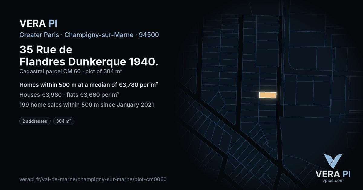 35 Rue de Flandres Dunkerque 1940, Champigny-sur-Marne at night – the plot lit, the parcels around coloured by the prices near them