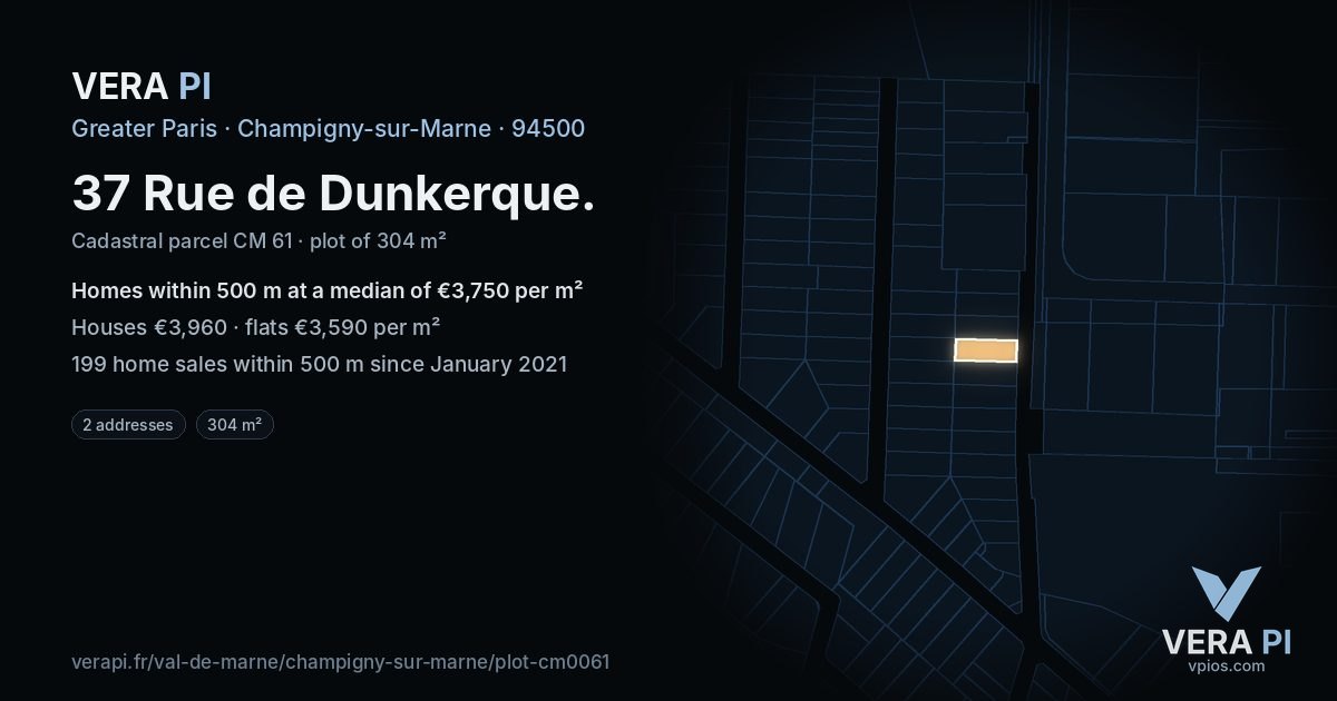 37 Rue de Dunkerque, Champigny-sur-Marne at night – the plot lit, the parcels around coloured by the prices near them