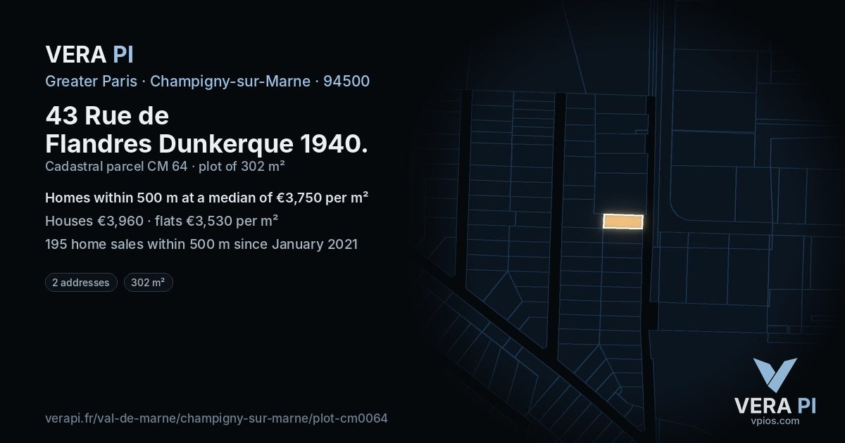 43 Rue de Flandres Dunkerque 1940, Champigny-sur-Marne at night – the plot lit, the parcels around coloured by the prices near them