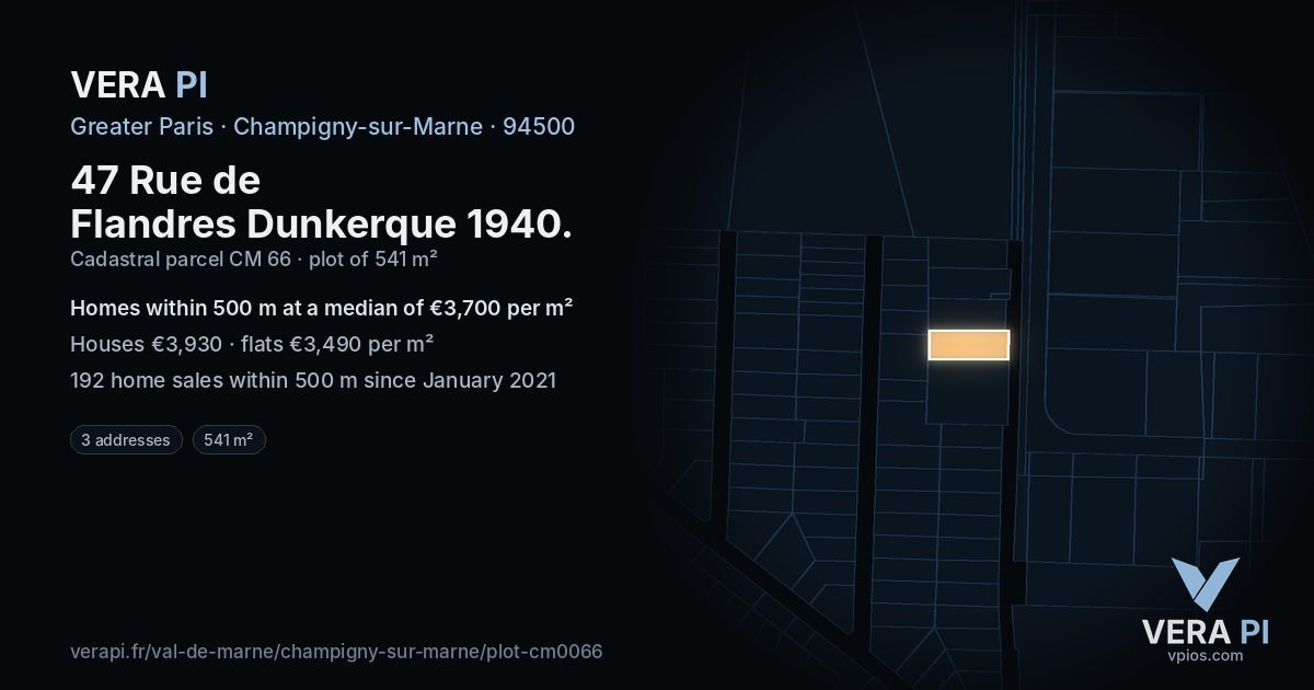 47 Rue de Flandres Dunkerque 1940, Champigny-sur-Marne at night – the plot lit, the parcels around coloured by the prices near them