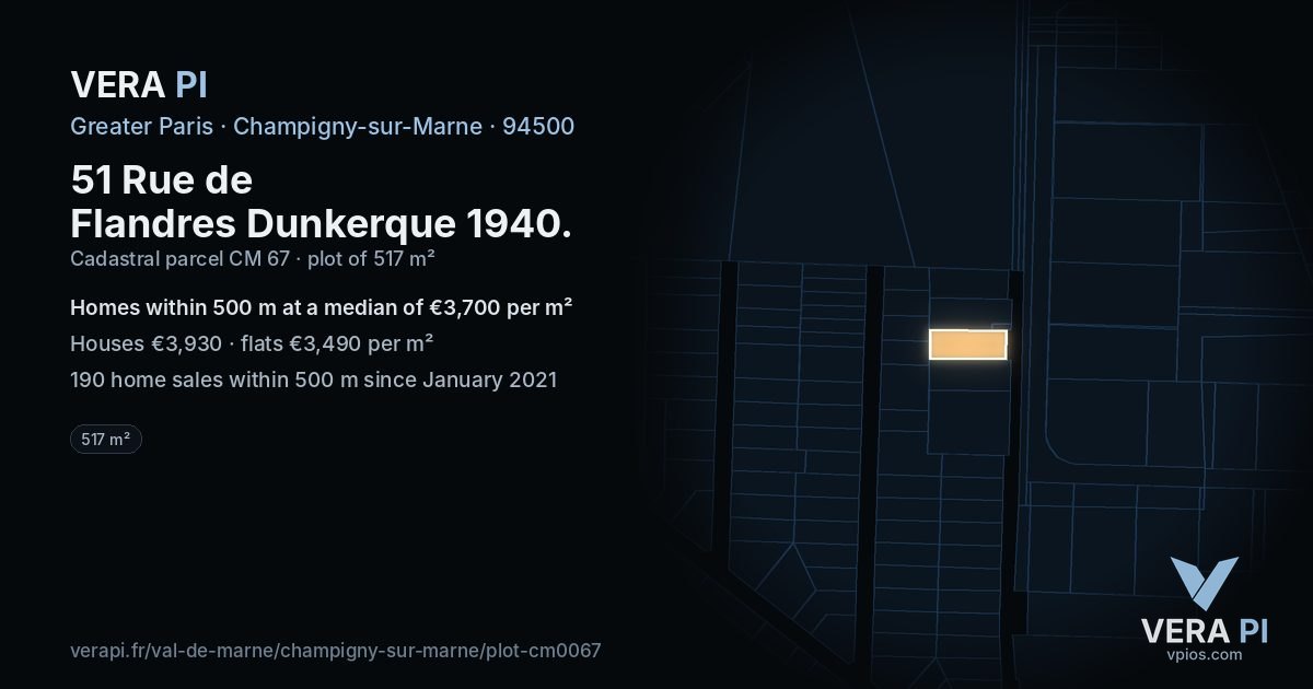 51 Rue de Flandres Dunkerque 1940, Champigny-sur-Marne at night – the plot lit, the parcels around coloured by the prices near them