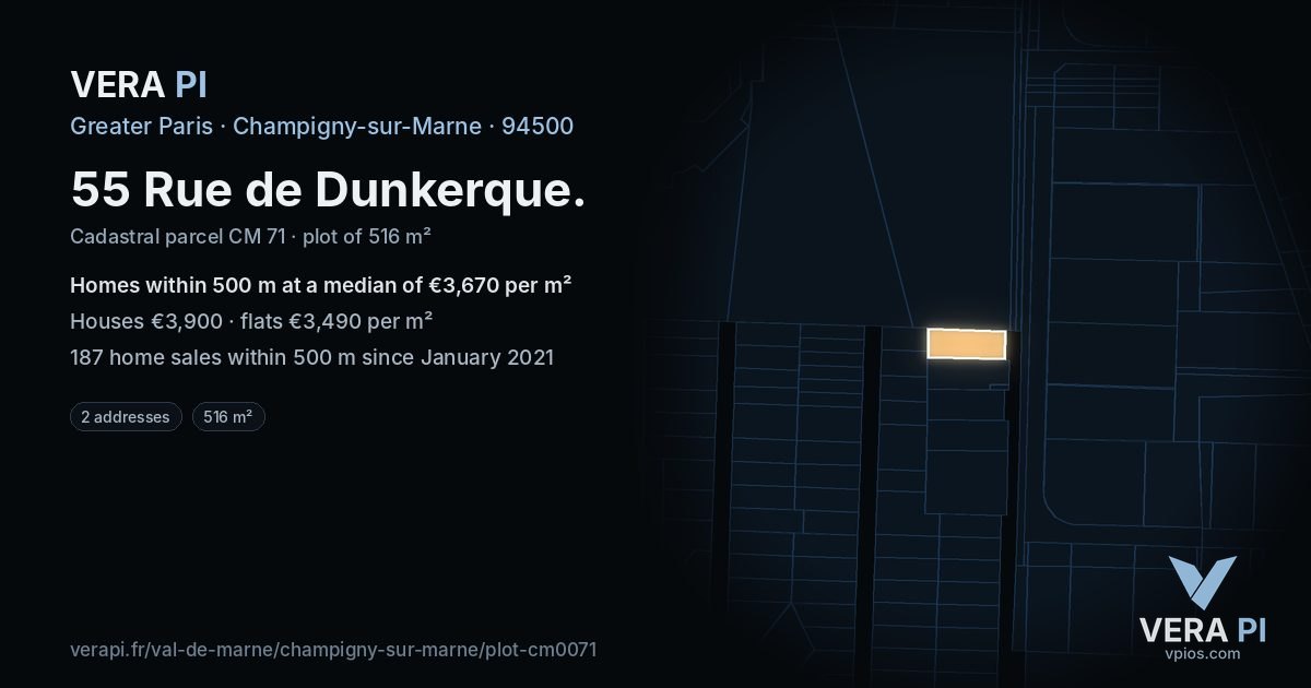 55 Rue de Dunkerque, Champigny-sur-Marne at night – the plot lit, the parcels around coloured by the prices near them