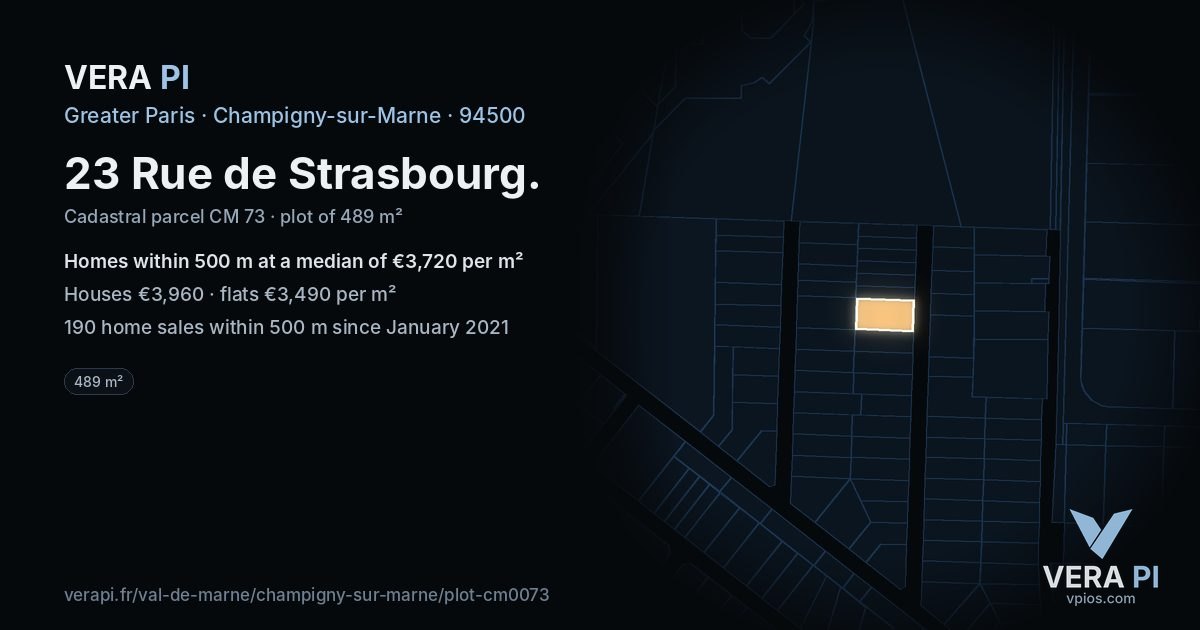 23 Rue de Strasbourg, Champigny-sur-Marne at night – the plot lit, the parcels around coloured by the prices near them
