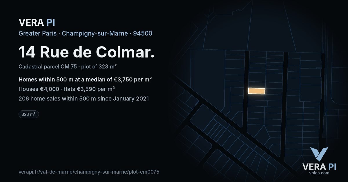 14 Rue de Colmar, Champigny-sur-Marne at night – the plot lit, the parcels around coloured by the prices near them