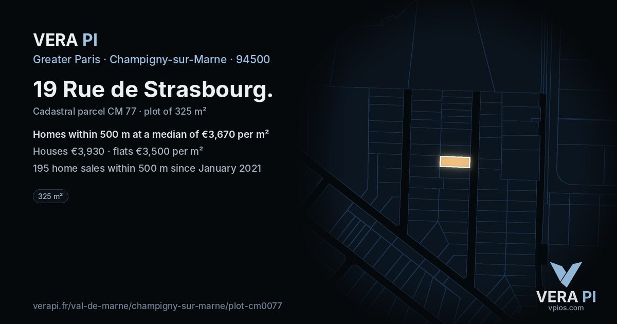 19 Rue de Strasbourg, Champigny-sur-Marne at night – the plot lit, the parcels around coloured by the prices near them