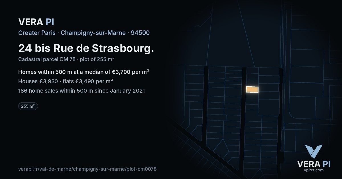 24 bis Rue de Strasbourg, Champigny-sur-Marne at night – the plot lit, the parcels around coloured by the prices near them