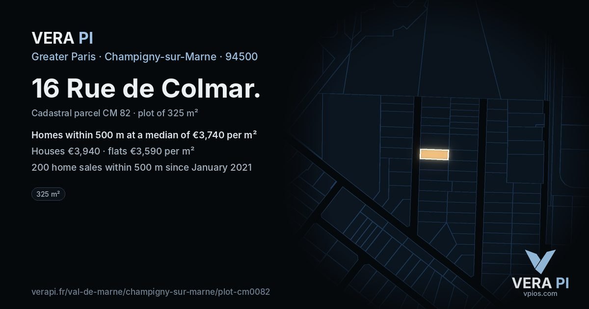 16 Rue de Colmar, Champigny-sur-Marne at night – the plot lit, the parcels around coloured by the prices near them