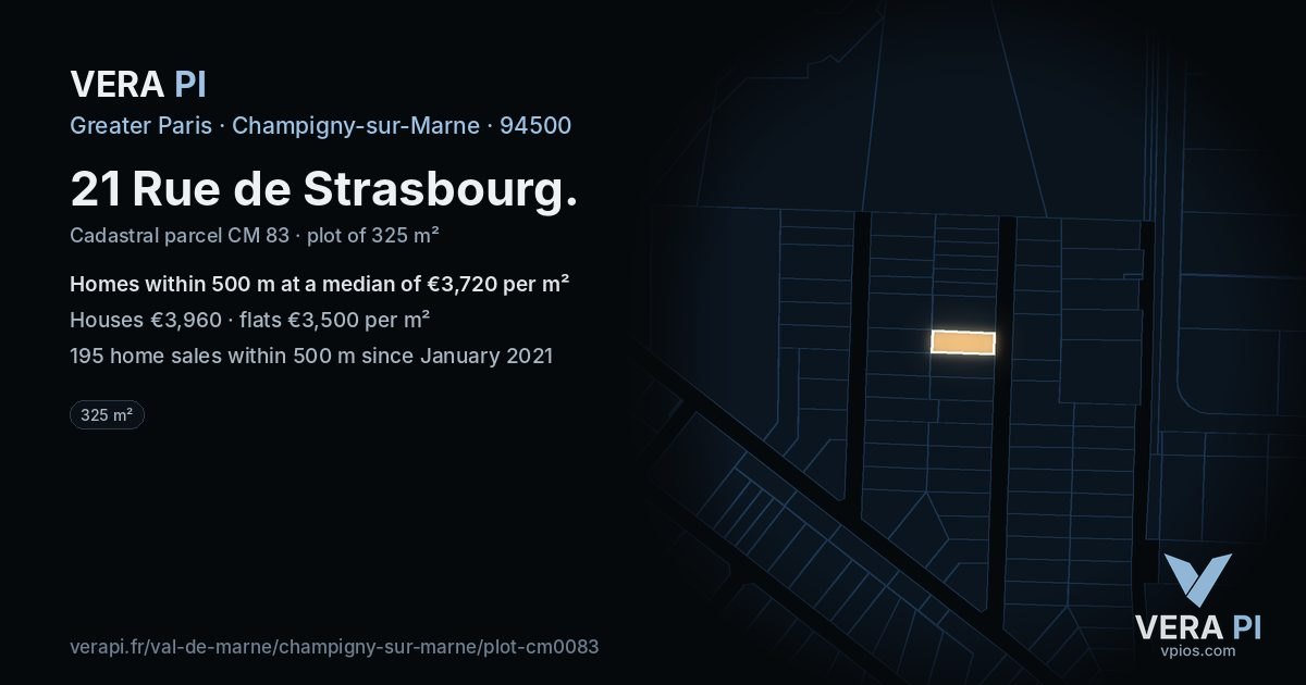 21 Rue de Strasbourg, Champigny-sur-Marne at night – the plot lit, the parcels around coloured by the prices near them