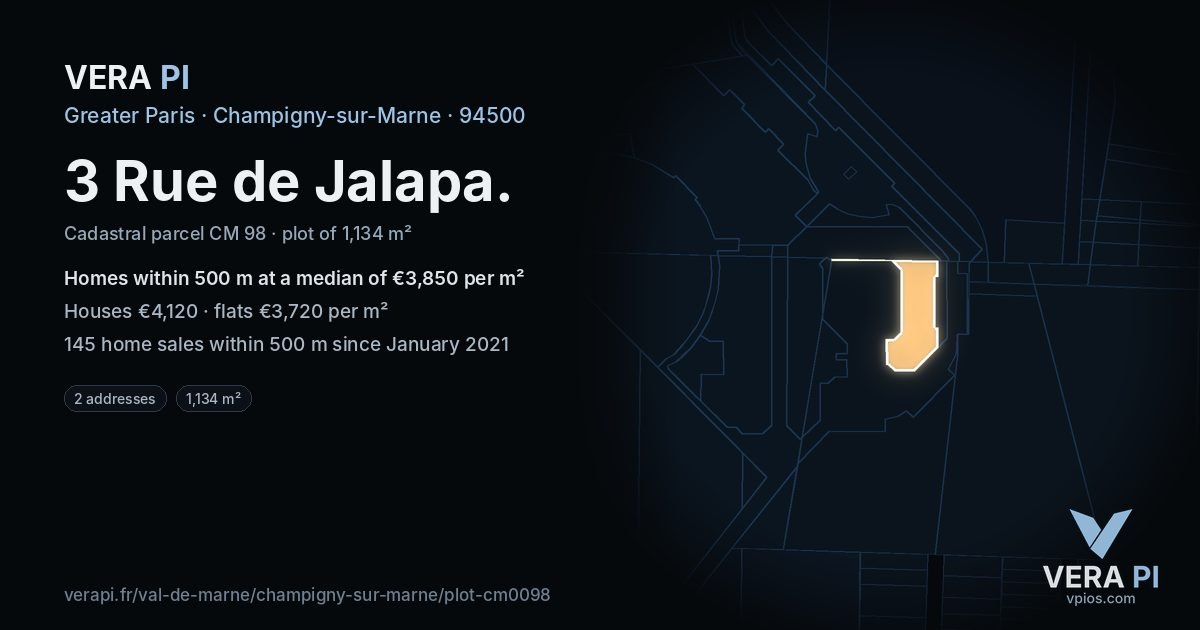 3 Rue de Jalapa, Champigny-sur-Marne at night – the plot lit, the parcels around coloured by the prices near them