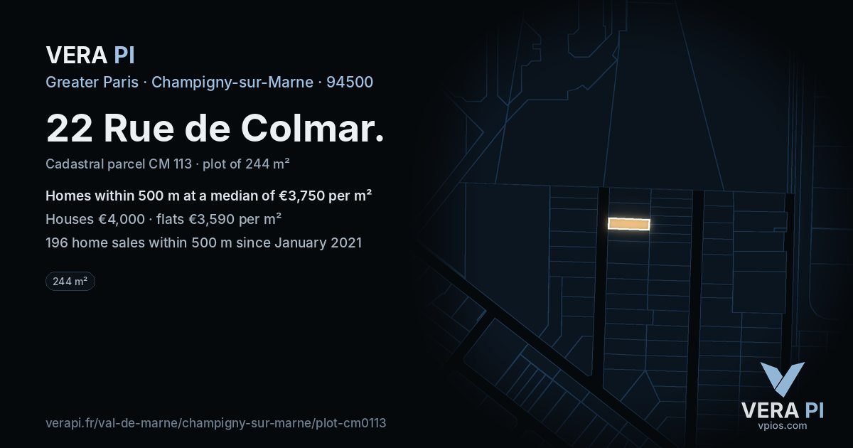 22 Rue de Colmar, Champigny-sur-Marne at night – the plot lit, the parcels around coloured by the prices near them