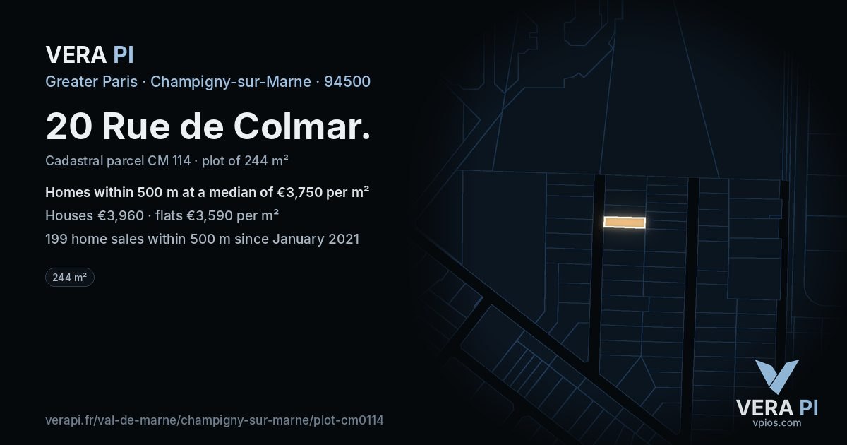 20 Rue de Colmar, Champigny-sur-Marne at night – the plot lit, the parcels around coloured by the prices near them