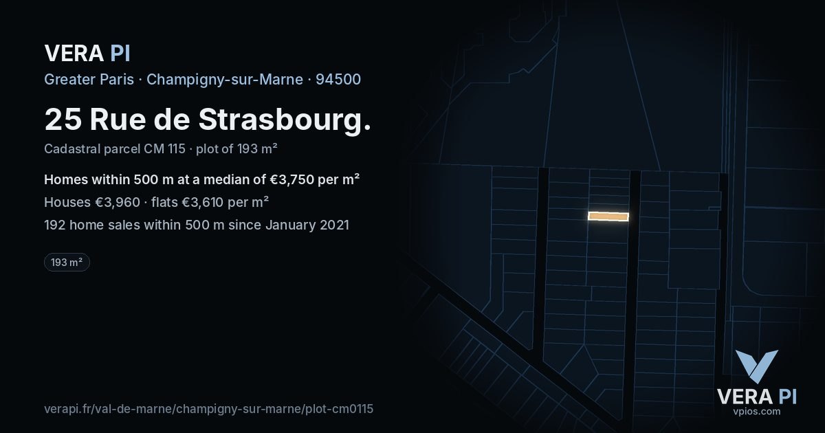 25 Rue de Strasbourg, Champigny-sur-Marne at night – the plot lit, the parcels around coloured by the prices near them