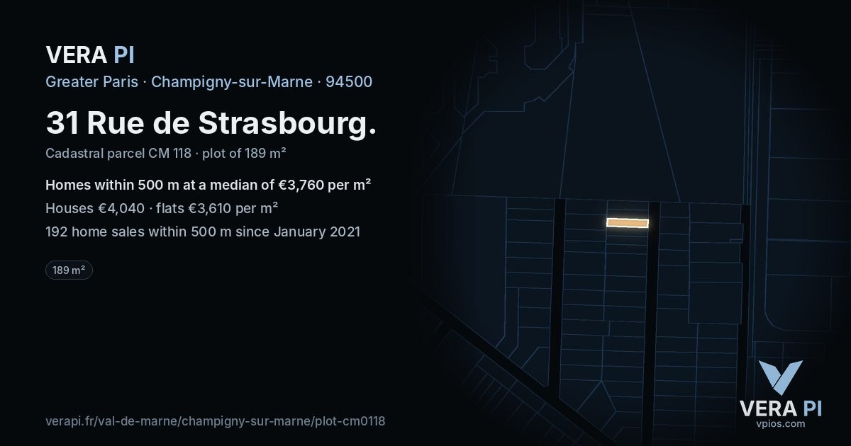 31 Rue de Strasbourg, Champigny-sur-Marne at night – the plot lit, the parcels around coloured by the prices near them