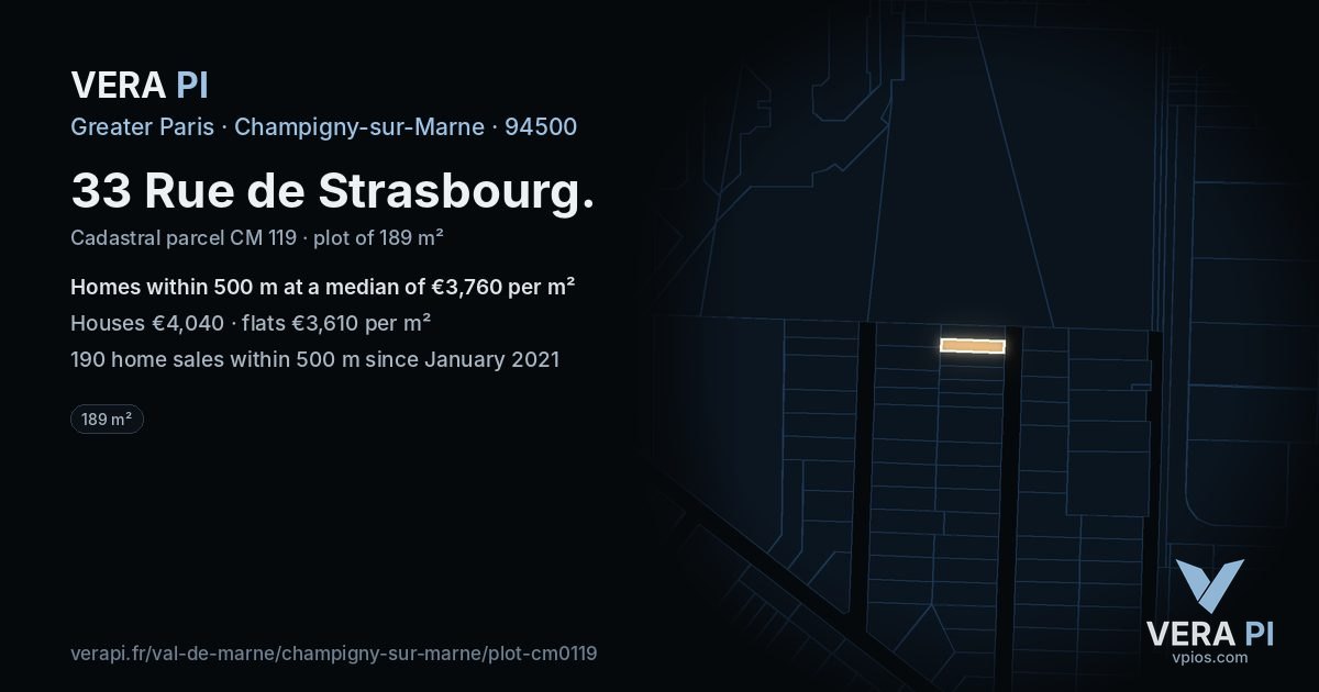 33 Rue de Strasbourg, Champigny-sur-Marne at night – the plot lit, the parcels around coloured by the prices near them