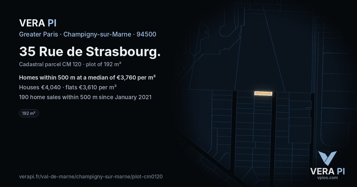 35 Rue de Strasbourg, Champigny-sur-Marne at night – the plot lit, the parcels around coloured by the prices near them