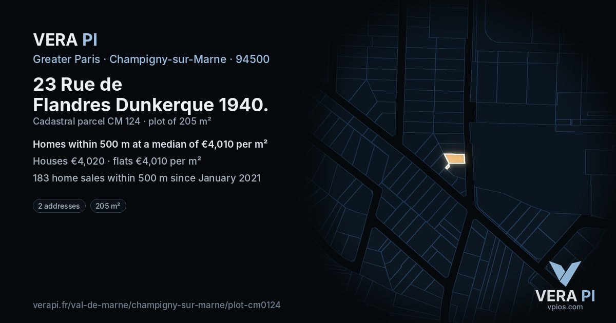 23 Rue de Flandres Dunkerque 1940, Champigny-sur-Marne at night – the plot lit, the parcels around coloured by the prices near them