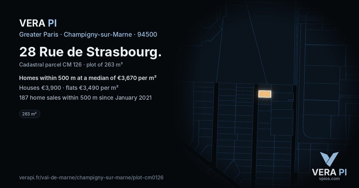 28 Rue de Strasbourg, Champigny-sur-Marne at night – the plot lit, the parcels around coloured by the prices near them
