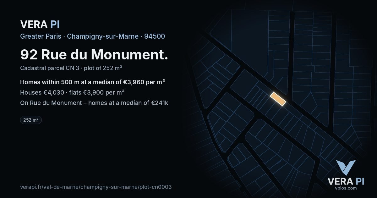 92 Rue du Monument, Champigny-sur-Marne at night – the plot lit, the parcels around coloured by the prices near them