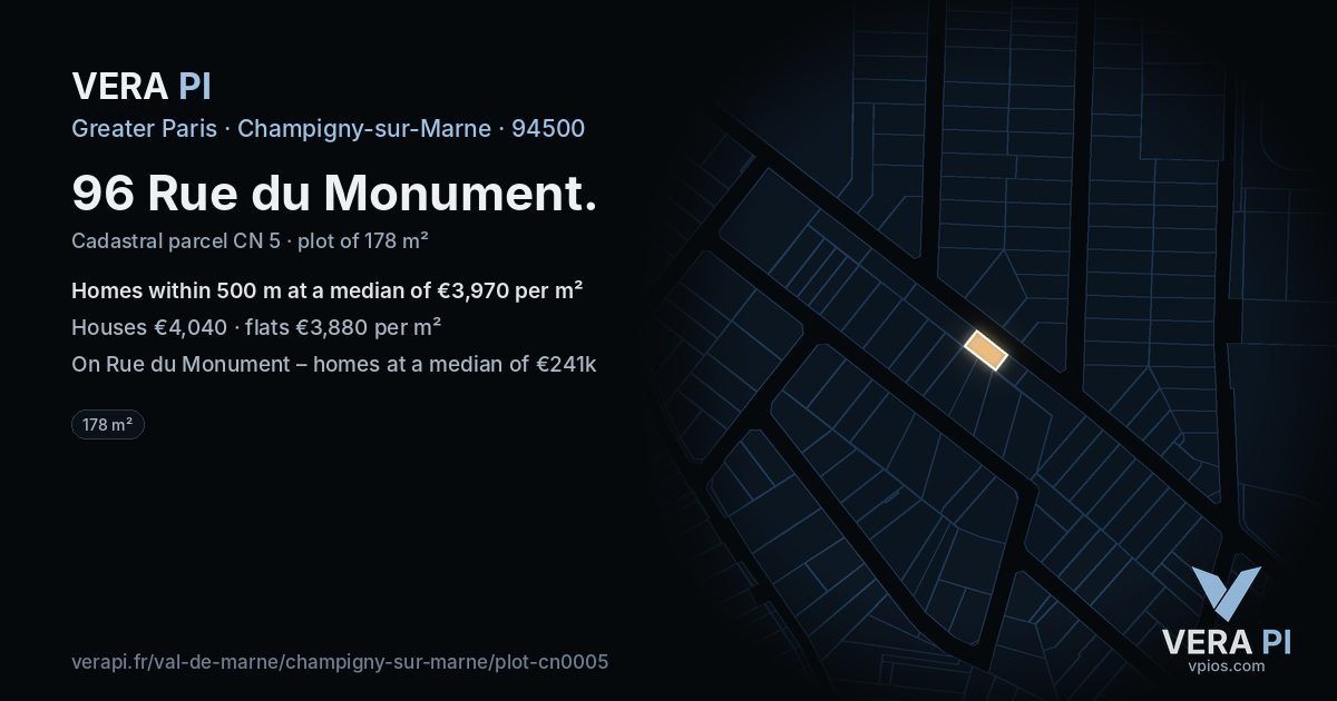 96 Rue du Monument, Champigny-sur-Marne at night – the plot lit, the parcels around coloured by the prices near them