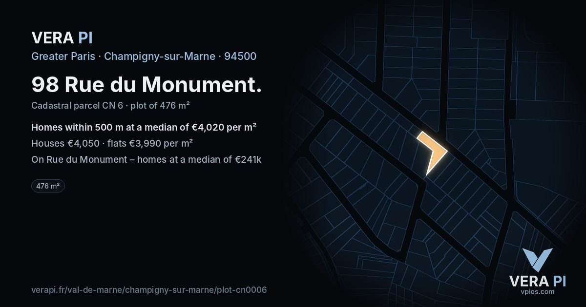 98 Rue du Monument, Champigny-sur-Marne at night – the plot lit, the parcels around coloured by the prices near them