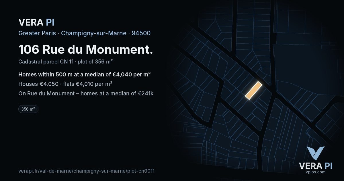 106 Rue du Monument, Champigny-sur-Marne at night – the plot lit, the parcels around coloured by the prices near them