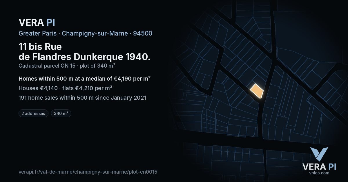11 bis Rue de Flandres Dunkerque 1940, Champigny-sur-Marne at night – the plot lit, the parcels around coloured by the prices near them