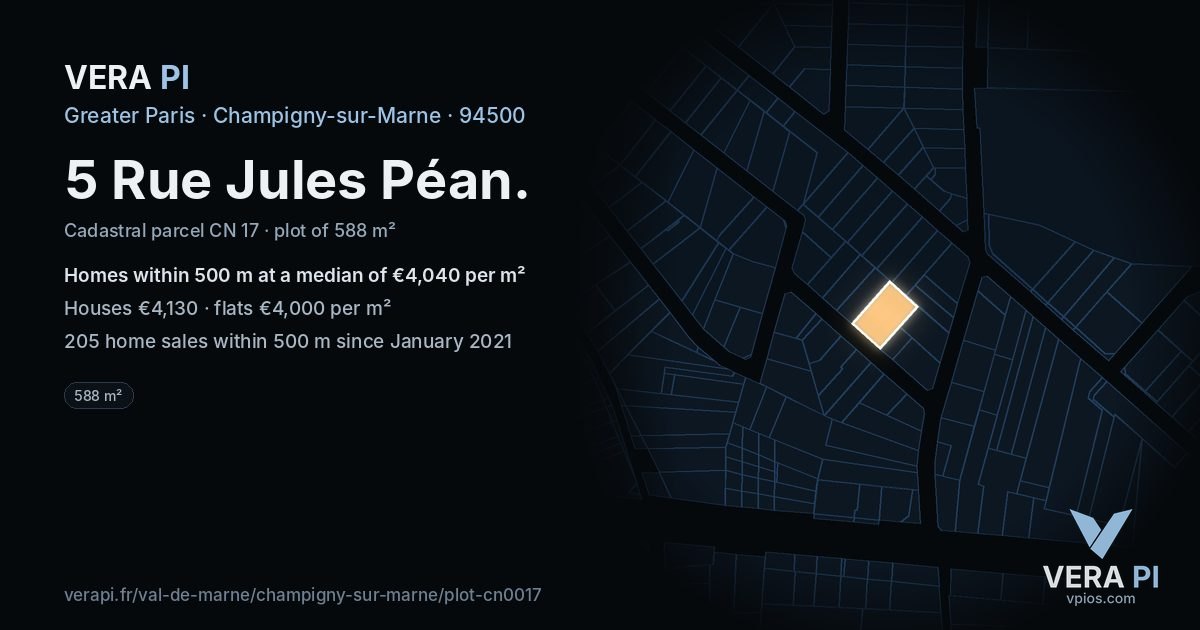 5 Rue Jules Péan, Champigny-sur-Marne at night – the plot lit, the parcels around coloured by the prices near them