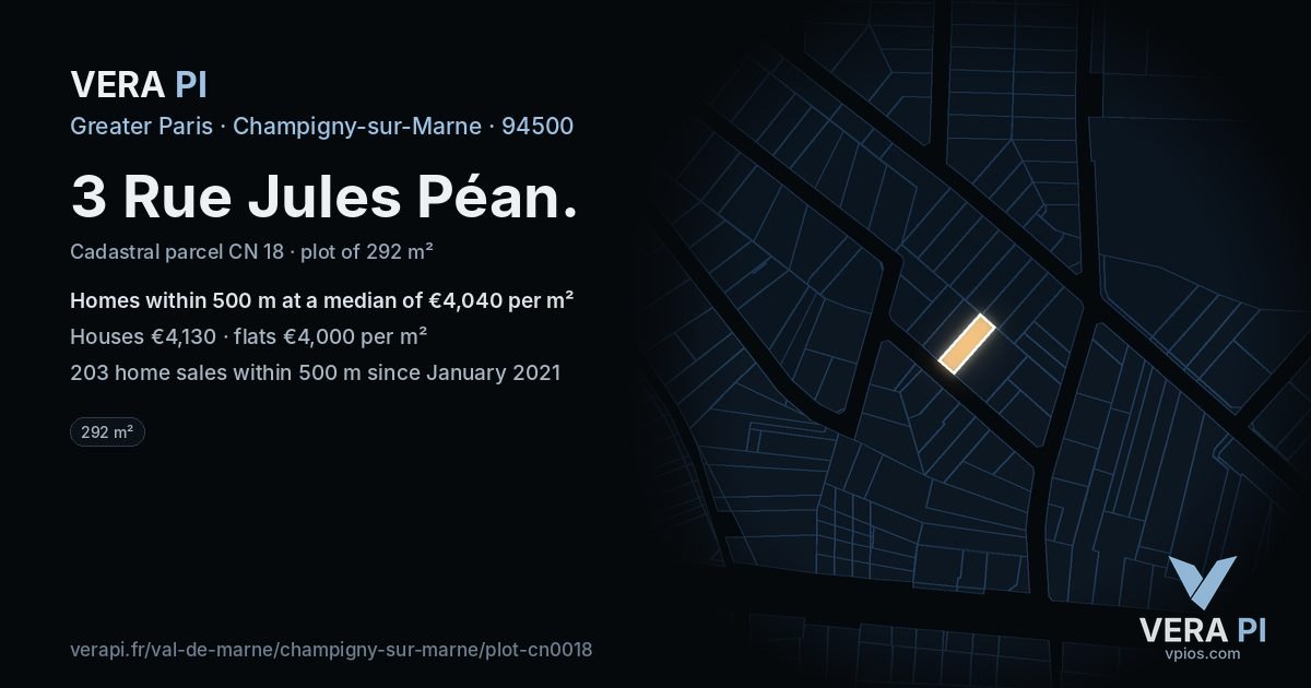 3 Rue Jules Péan, Champigny-sur-Marne at night – the plot lit, the parcels around coloured by the prices near them