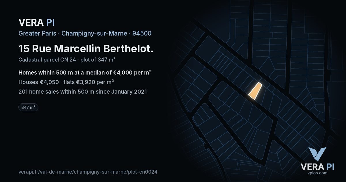 15 Rue Marcellin Berthelot, Champigny-sur-Marne at night – the plot lit, the parcels around coloured by the prices near them