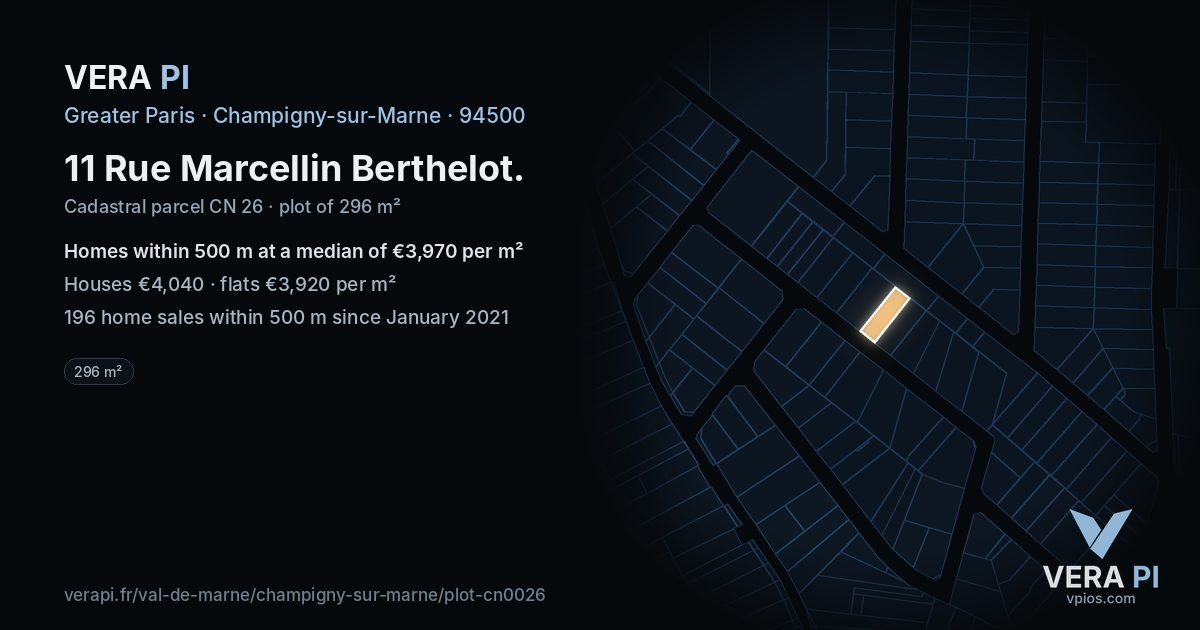 11 Rue Marcellin Berthelot, Champigny-sur-Marne at night – the plot lit, the parcels around coloured by the prices near them