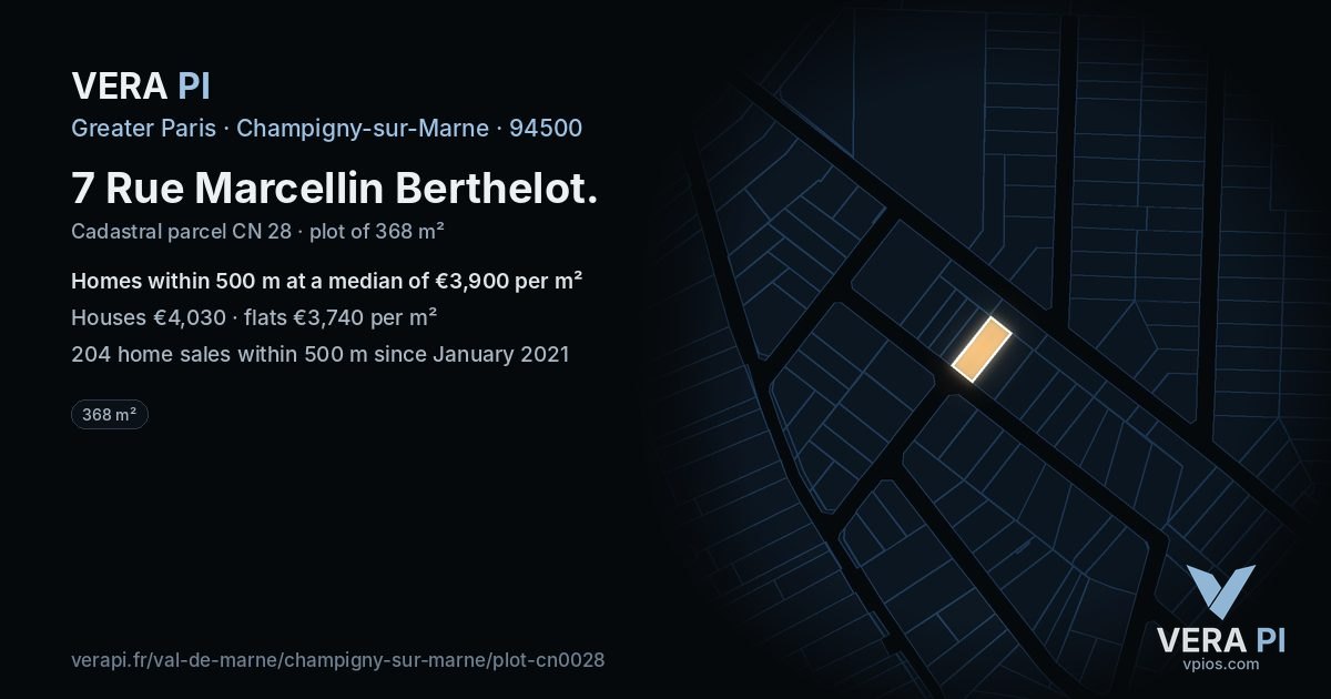 7 Rue Marcellin Berthelot, Champigny-sur-Marne at night – the plot lit, the parcels around coloured by the prices near them