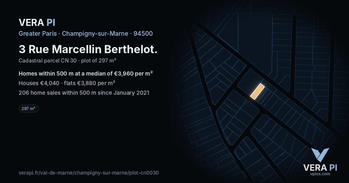 3 Rue Marcellin Berthelot, Champigny-sur-Marne at night – the plot lit, the parcels around coloured by the prices near them